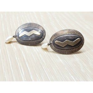 VTG 1990 DEIRDRE DONCHIAN Signed Earrings Sterling Silver & 18k 18KT Gold Center